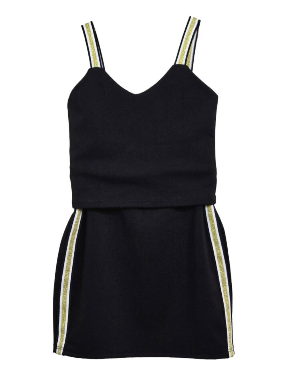 Cheryl Creations Kids Black W/ Gold Stripe 2 PC Mini Skirt & Tank, Size M ~ EUC